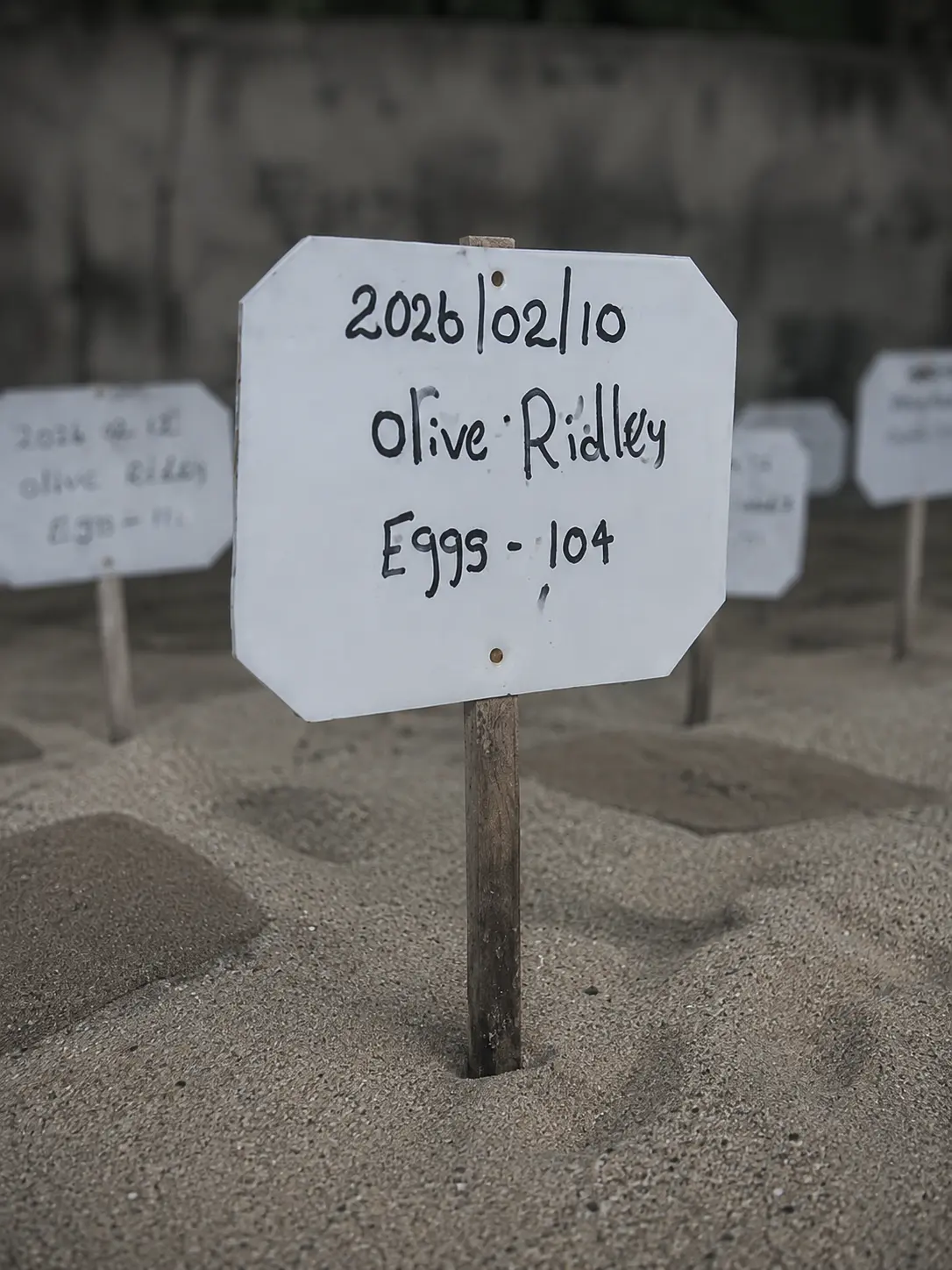 Hand-written nest markers in the sand at Ahungalla, each recording the date, species and number of eggs buried beneath it.