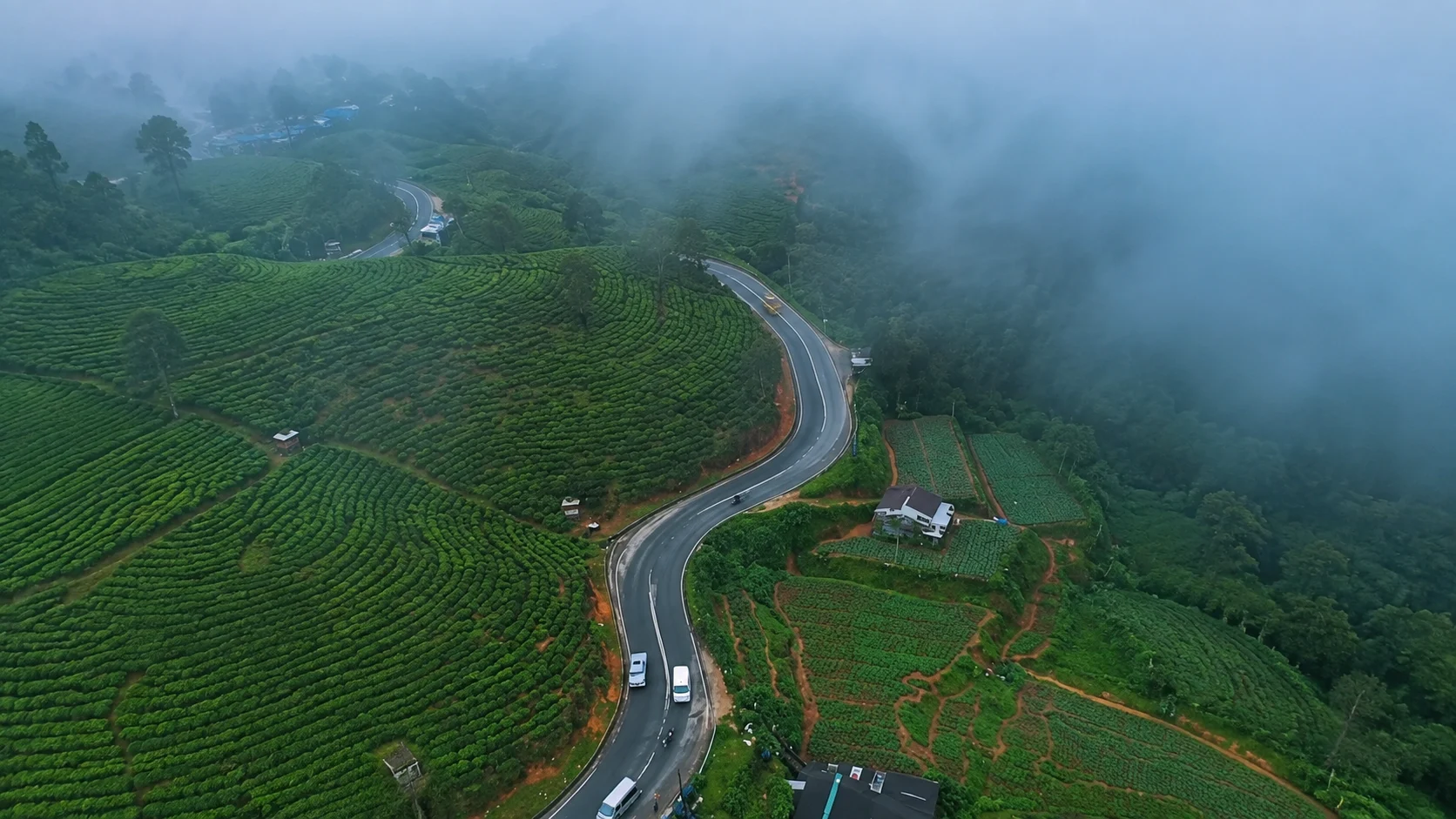 The hill-country road winding down toward Ella between tea slopes and cloud