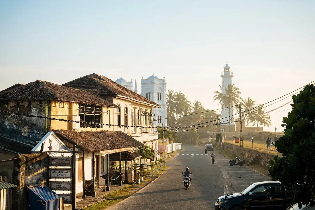 The UNESCO-listed old town inside Galle Fort, tiled roofs and colonial streets running down to the sea