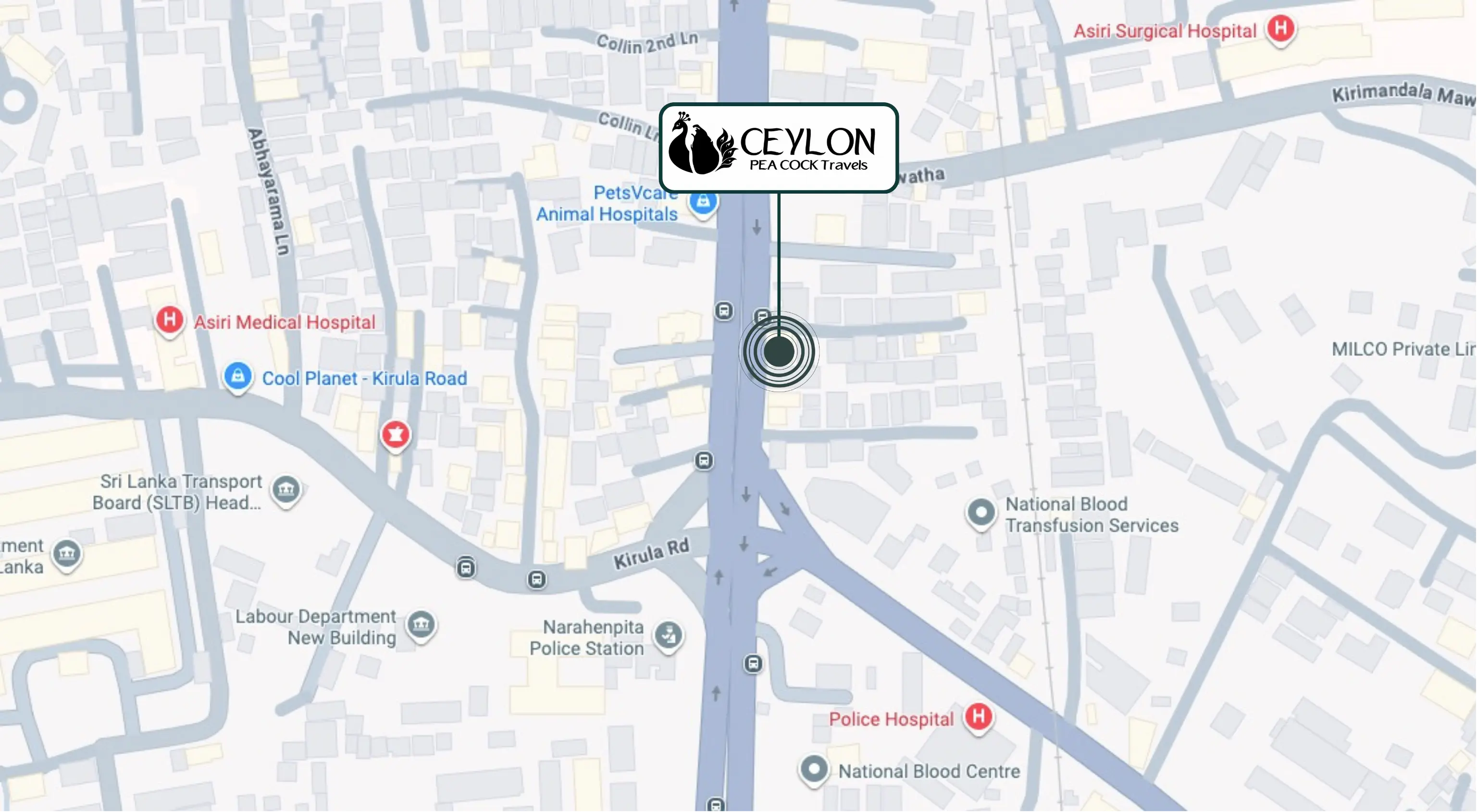 Map showing Ceylon Peacock Travels on Narahenpita Road, Colombo 05