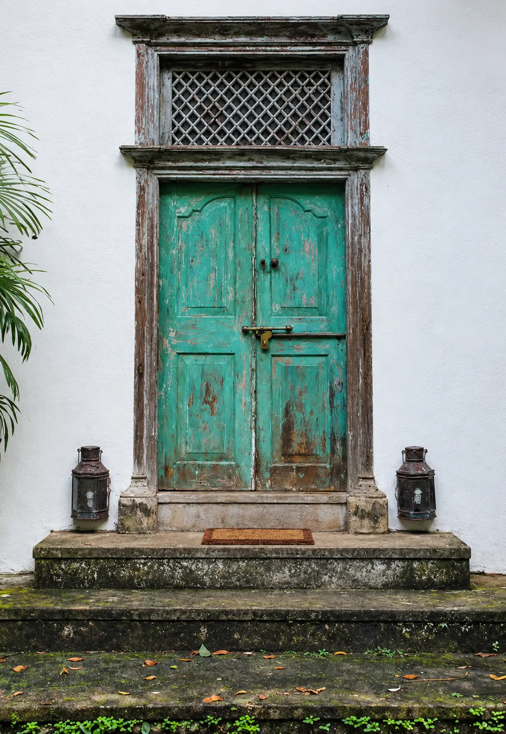 A weathered green double door in a whitewashed wall, a lantern hung either side of the step