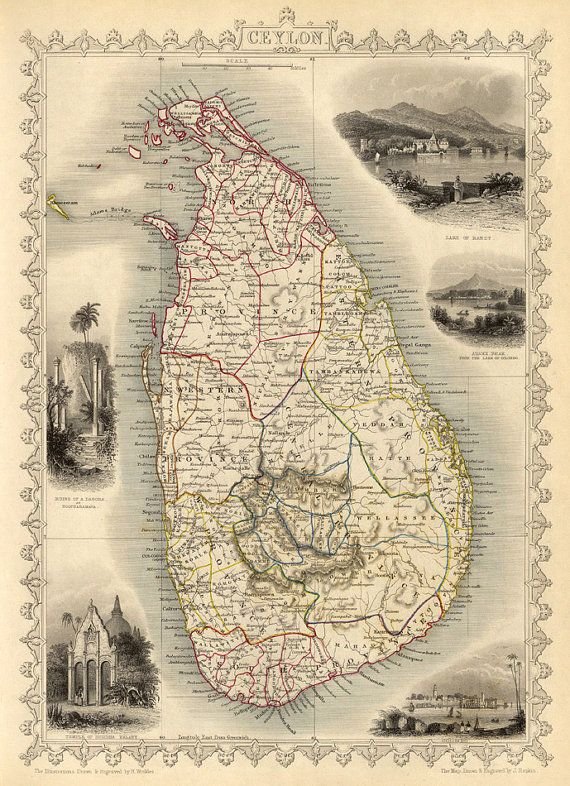A nineteenth-century engraved map of Ceylon, its provinces outlined in colour, with small views of the island set around the border